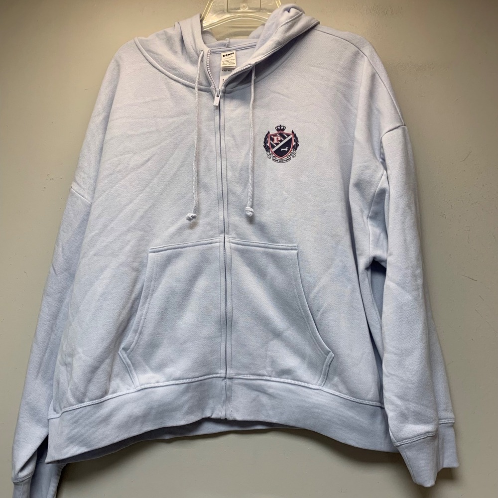 PINK Victoria's Secret Zip Hoodie Womens XXL Blue NEW Crest Logo Fleece Jacket